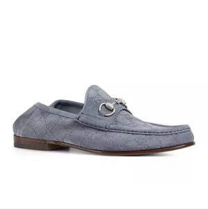 $1090 GUCCI Horsebit 1953 GG Embossed Gray Suede Loafer Shoes UK 10 US 11 EU 44